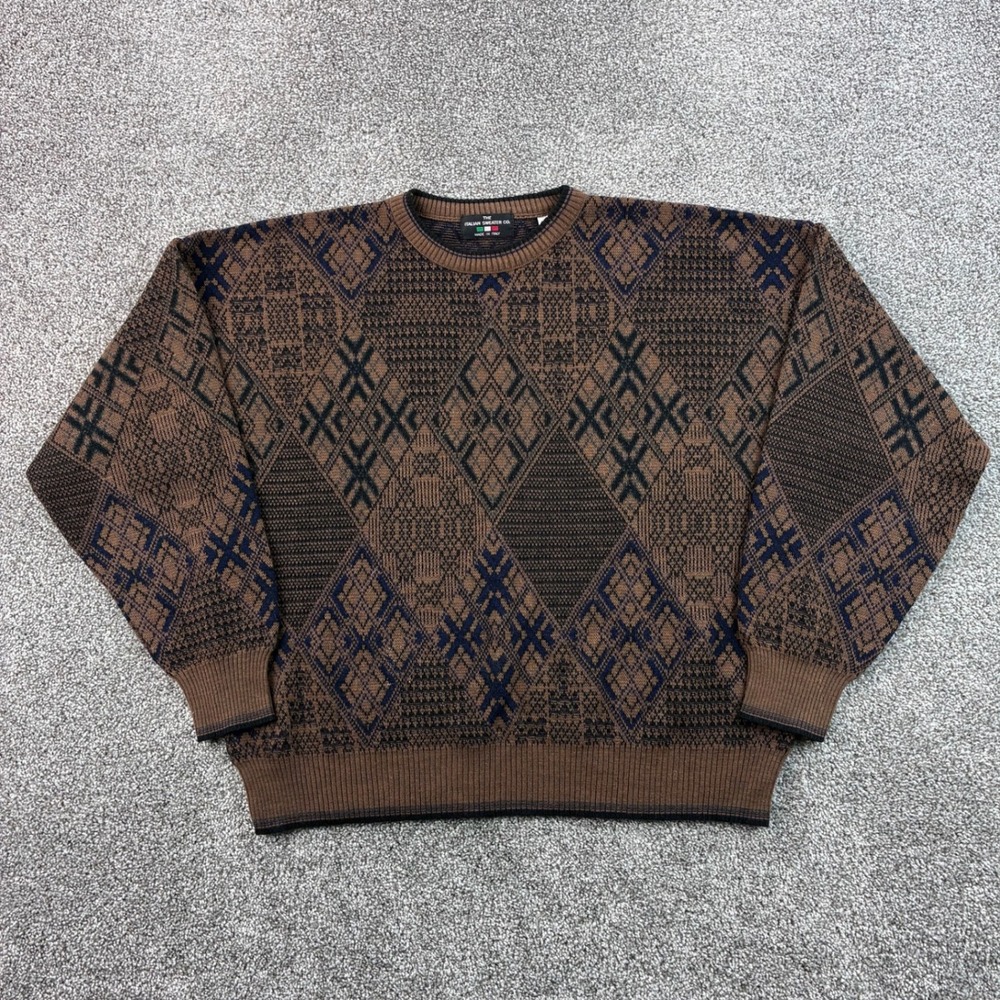 Vintage The Italian Sweater Co Sweater Mens L Brown Wool Blend Geometric Knit